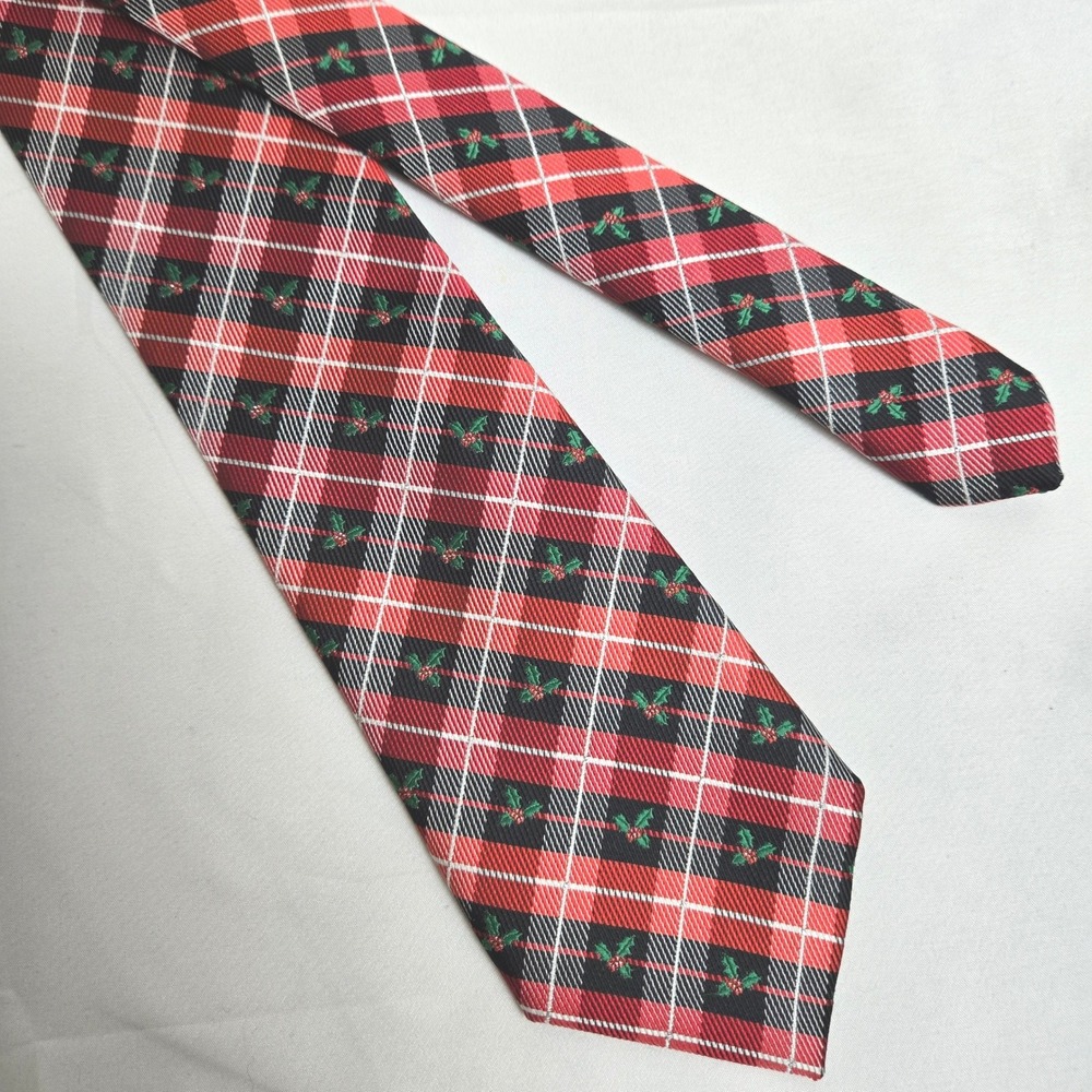Noel Holiday Collection Plaid Holly Christmas Tie Festive‎ Party Red Black White